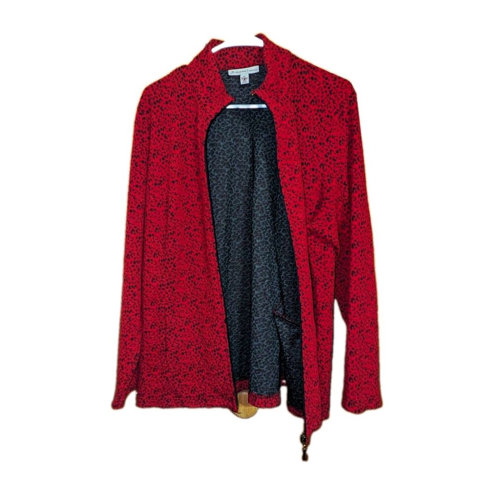 JM Collection Womens 1X Plus Animal Print Full Zip Collared Cardigan Sweater